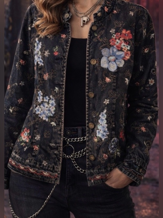 Denim&Co Jackets & Blazers - Denim & Co Beautiful Floral Embroidered Black Jean Jacket